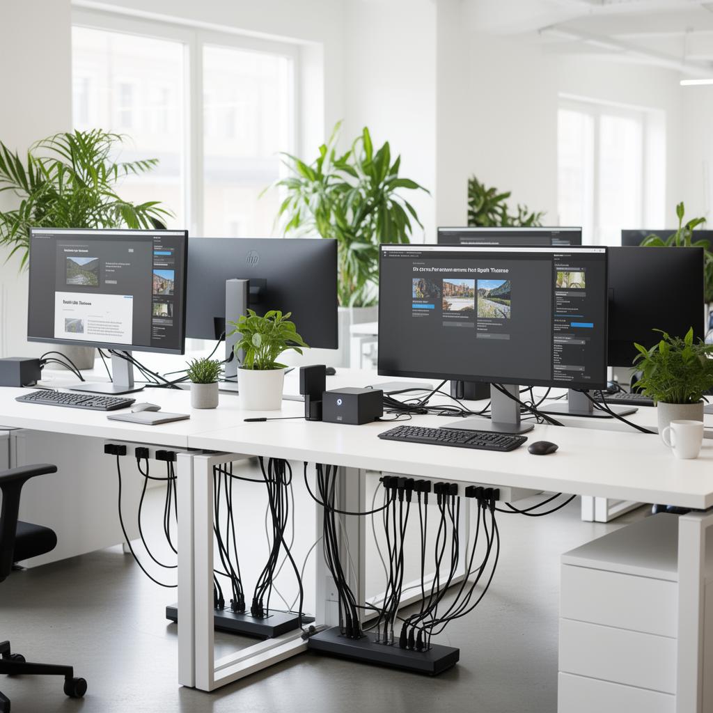A modern open-plan office with multiple monitors and clean cable management.