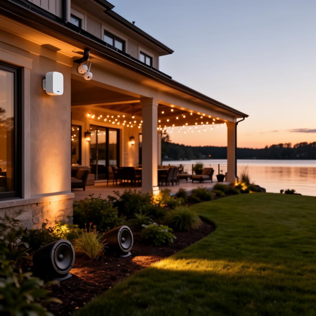 A luxury lake home at dusk with landscape lighting and outdoor audio.