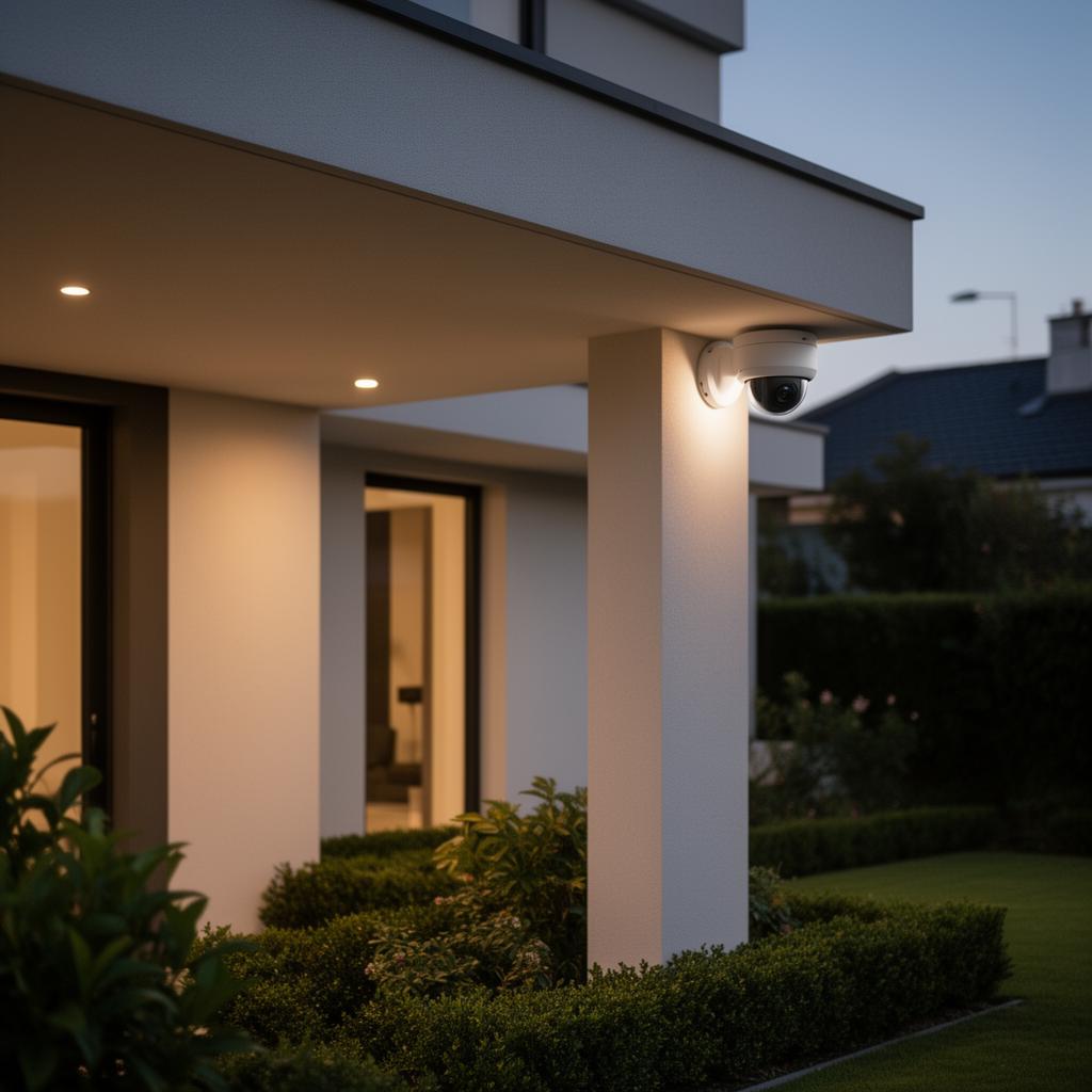 A discreet security camera integrated into the exterior soffit of a modern home.