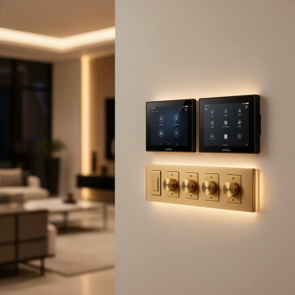 A sleek smart home control panel and lighting dimmer bank in a luxury residence.