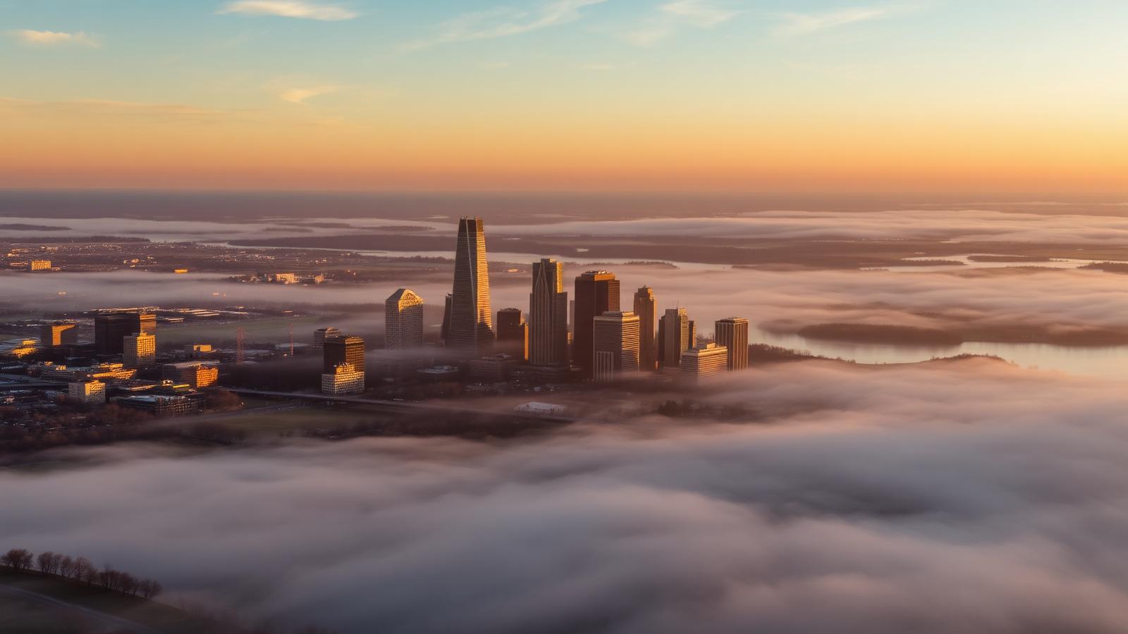 The Minneapolis skyline at dawn, partly veiled in mist.